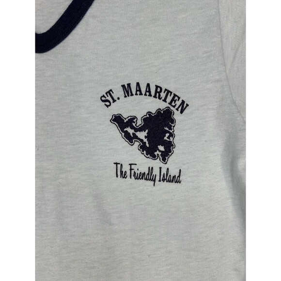 Vintage ST MAARTEN T-Shirt Medium Blue Ringer Retro 80s Single Stitch Black - Picture 2 of 6